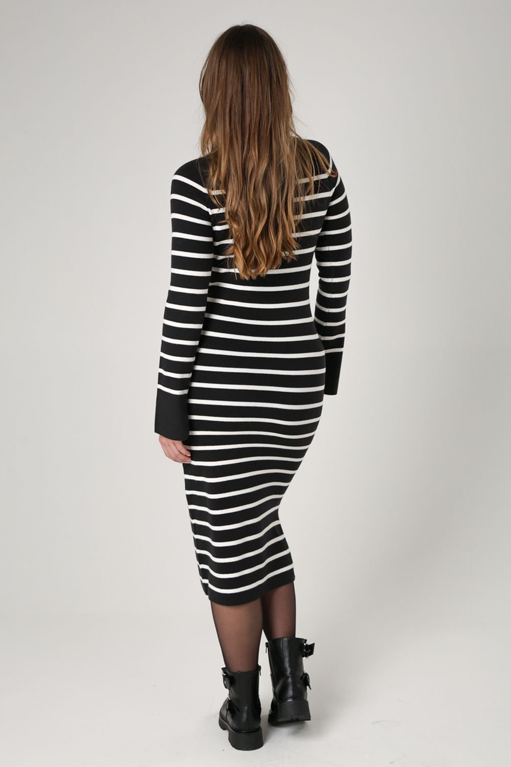 French Connection French Connection Women's Cosy Striped Midi Dress with Bell Sleeves in Grey - 2