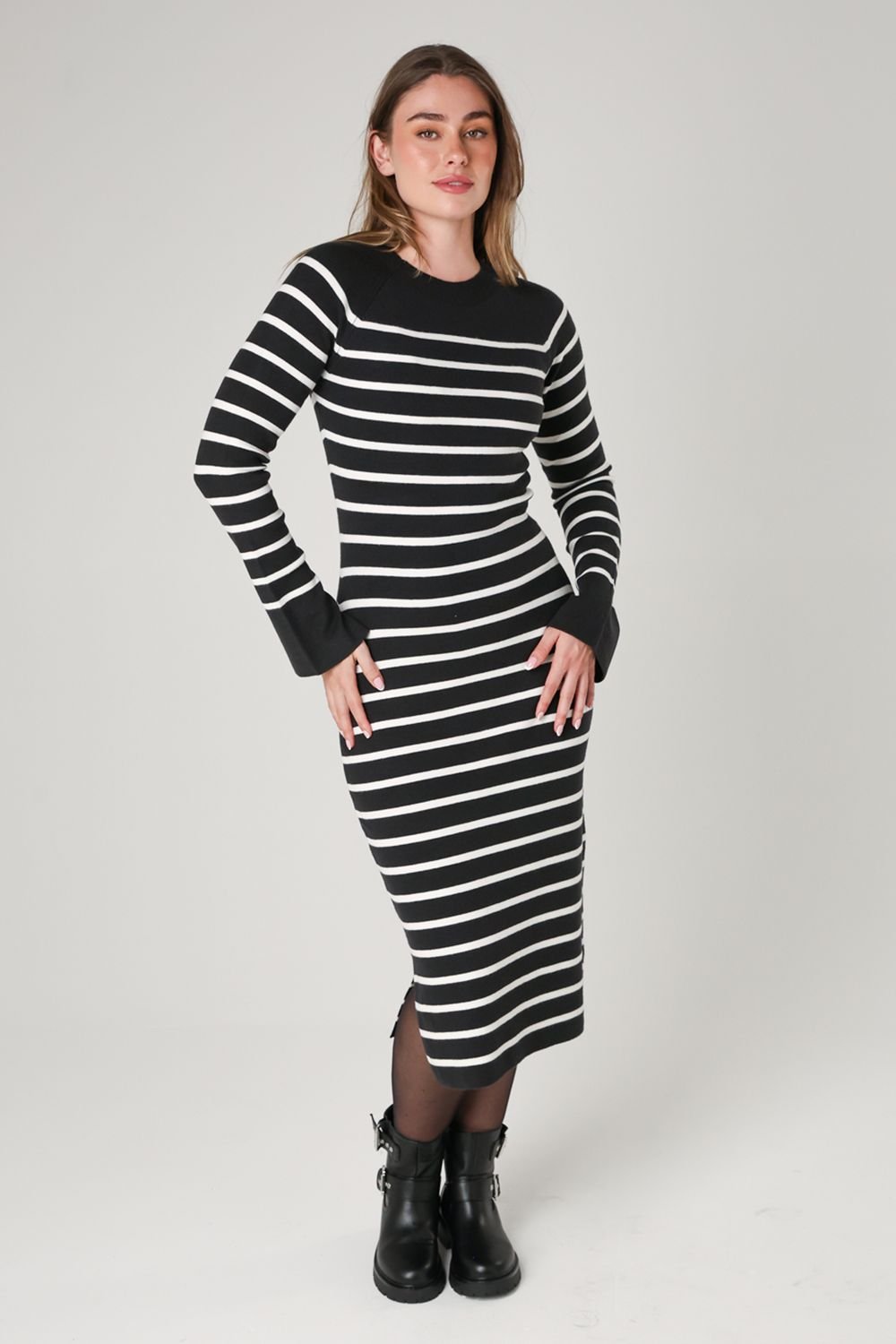 French Connection French Connection Women's Cosy Striped Midi Dress with Bell Sleeves in Grey - 3