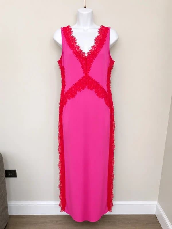 Never Fully Dressed * NEW * (exdisplay) Never Fully Dressed Pink and Red Lace Midi Dress - UK 12- RRP &139