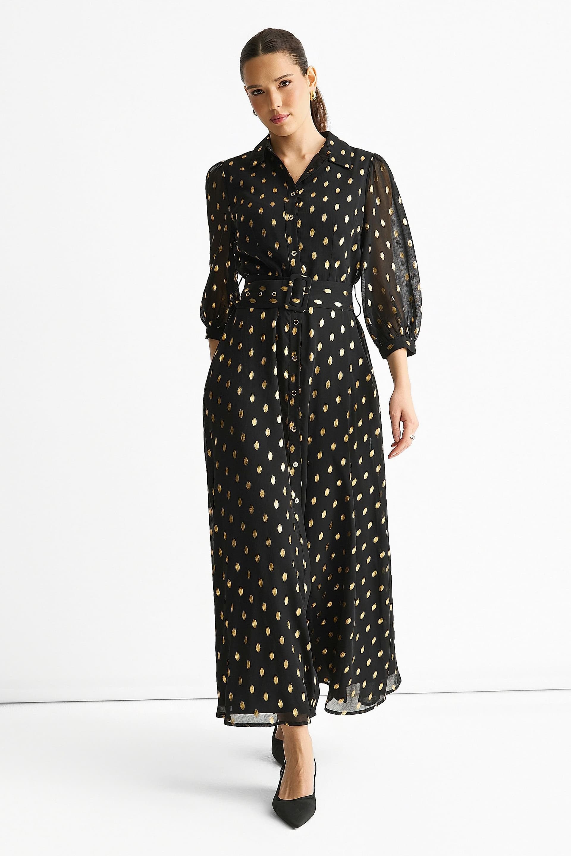 Gini London Gini London Women's Black Chiffon Foil Belted Maxi Shirt Dress