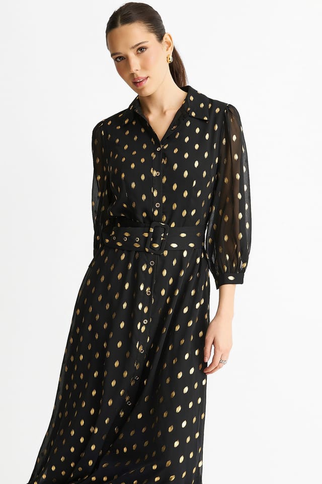 Gini London Gini London Women's Black Chiffon Foil Belted Maxi Shirt Dress - 2