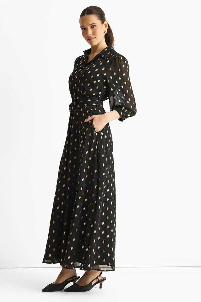 Gini London Gini London Women's Black Chiffon Foil Belted Maxi Shirt Dress - 3