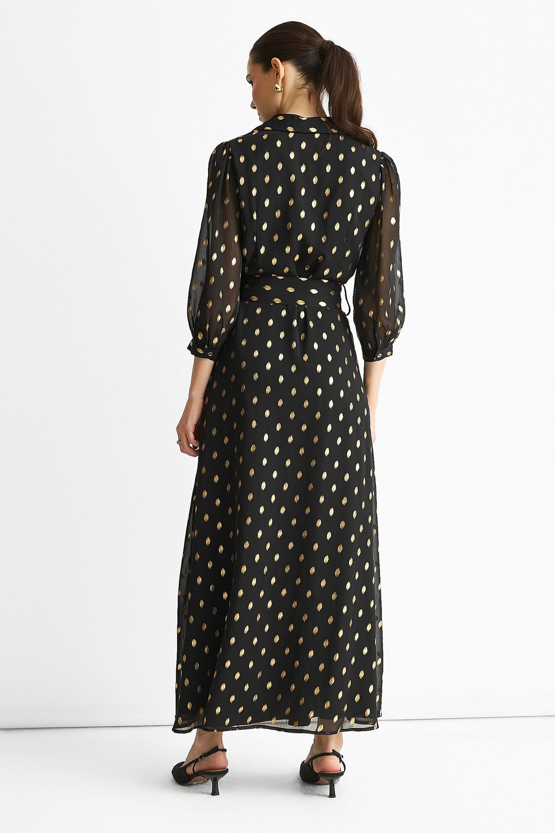 Gini London Gini London Women's Black Chiffon Foil Belted Maxi Shirt Dress - 4