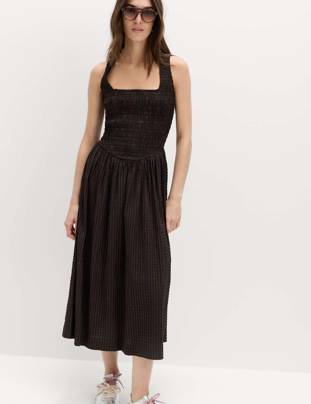 Marks & Spencer M&S Checked Shirred Bodice Midi Skater Dress Brown Mix