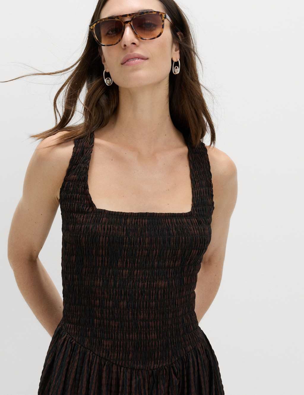 Marks & Spencer M&S Checked Shirred Bodice Midi Skater Dress Brown Mix - 2