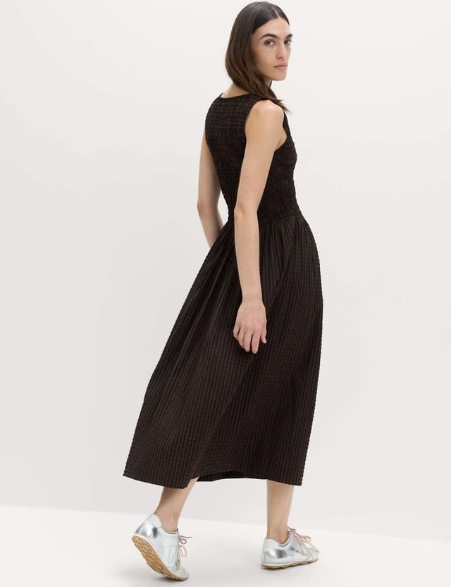 Marks & Spencer M&S Checked Shirred Bodice Midi Skater Dress Brown Mix - 3