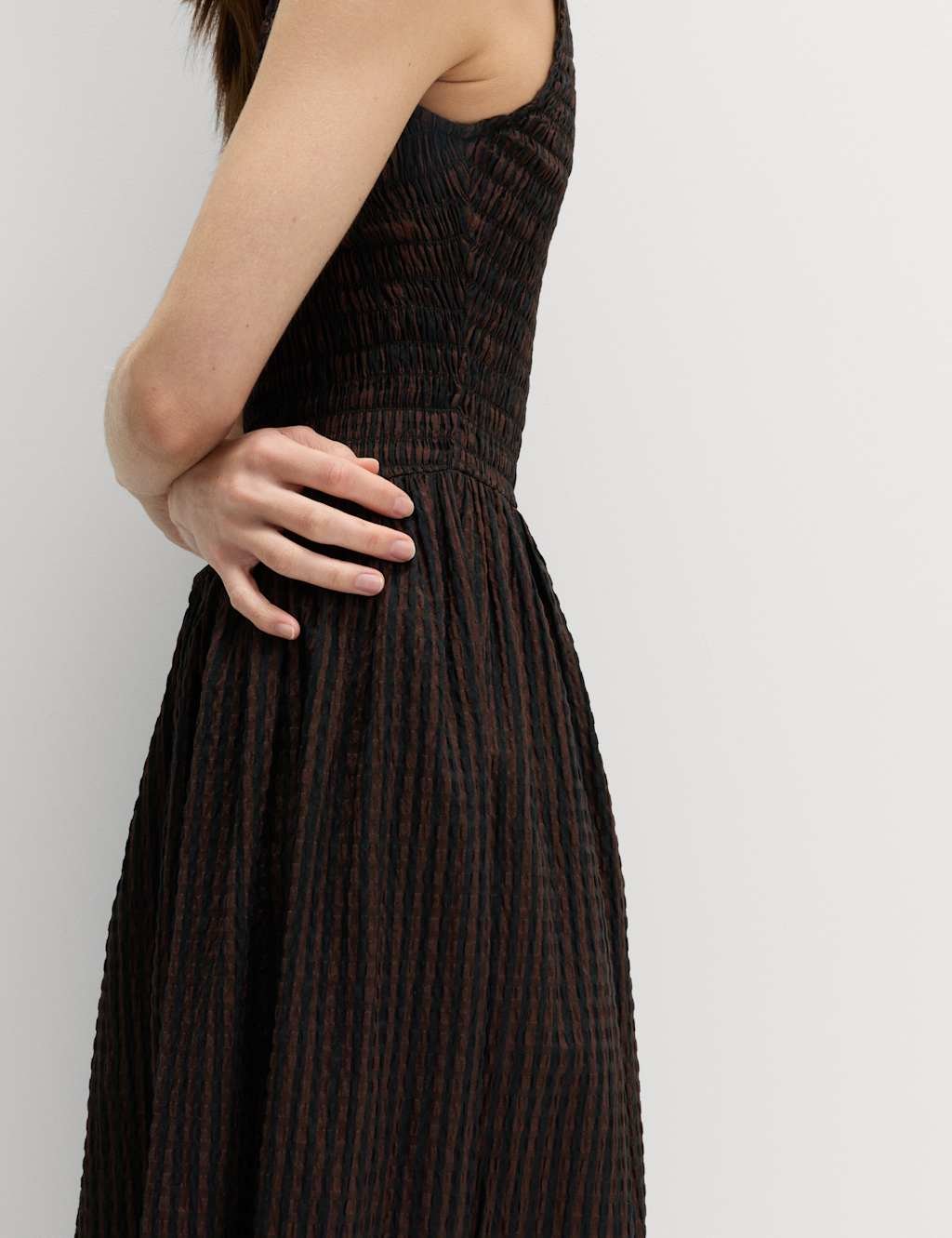 Marks & Spencer M&S Checked Shirred Bodice Midi Skater Dress Brown Mix - 4