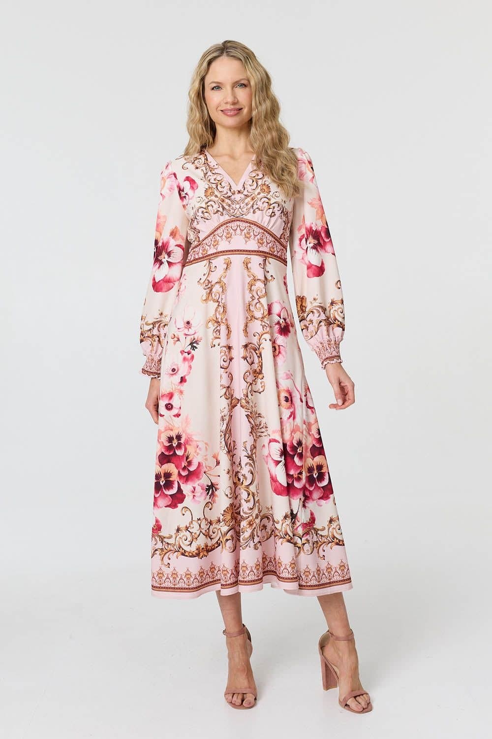 Izabel London Izabel London Women's Baroque Print Long Sleeve Midi Dress in Pink