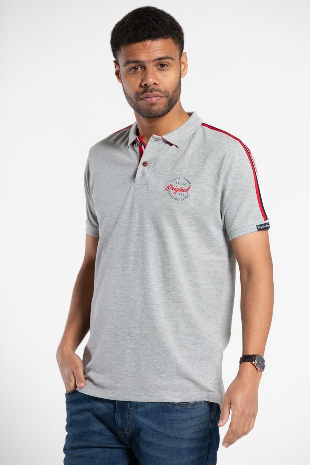 Tokyo Laundry Tokyo Laundry Men's Cotton Contrast Collar Short-Sleeve Polo Shirt in Grey