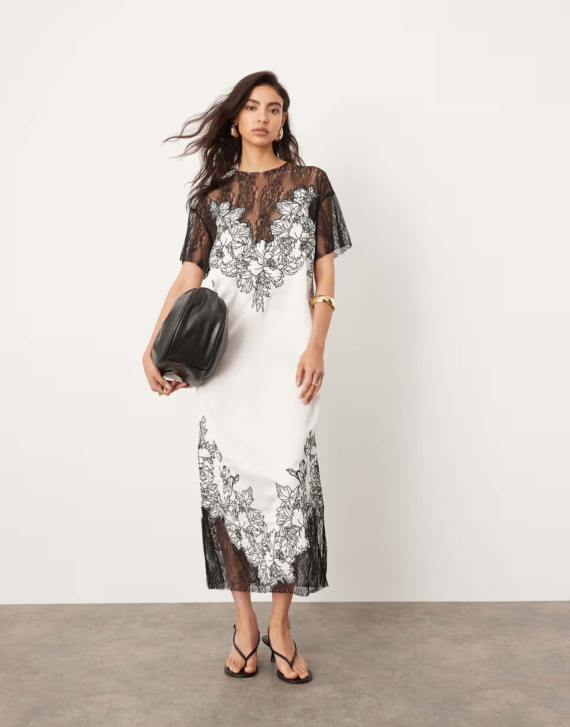 ASOS ASOS EDITION satin and contrast lace applique embroidered column midi dress in white