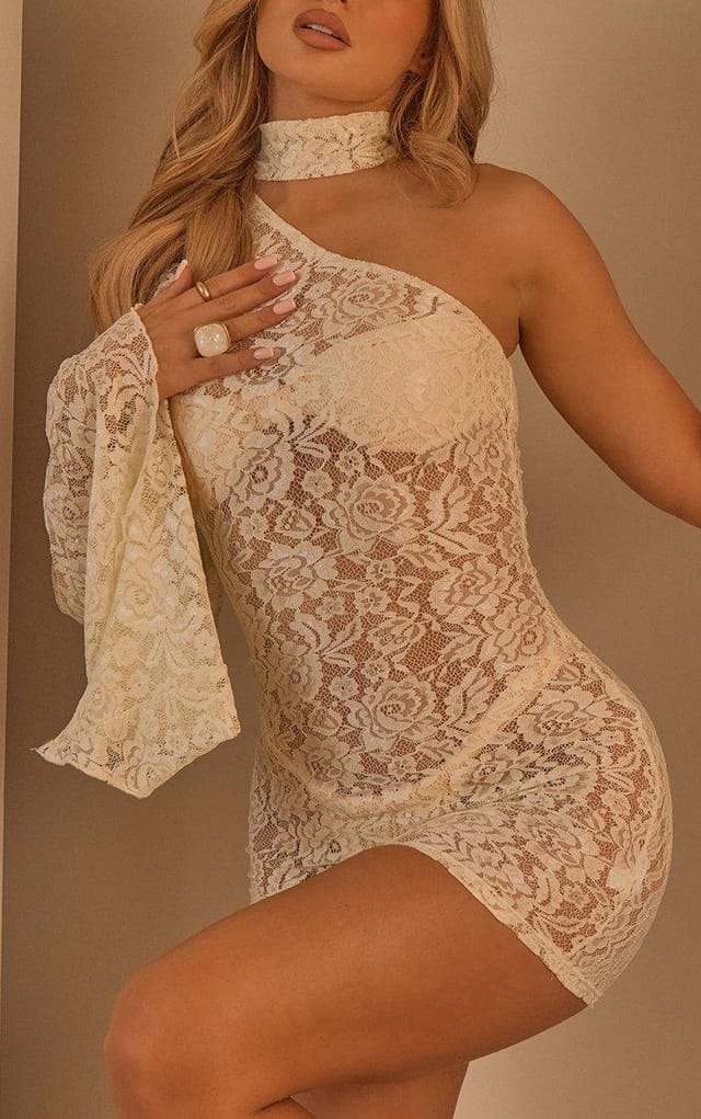 EGO One Shoulder Choker Detail Mini Beach Dress In Cream Lace, Women's Size UK 14 - 2