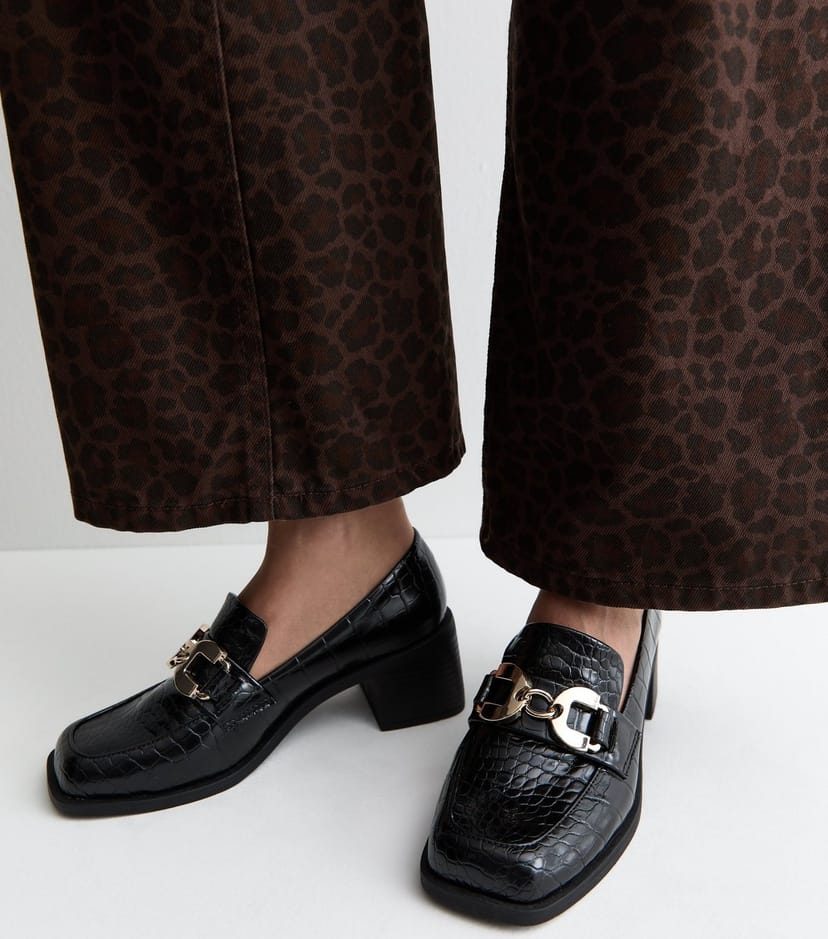 New Look Women's Black Faux Leather Crocodile Embossed Heeled Loafers Vegan New Look - 1