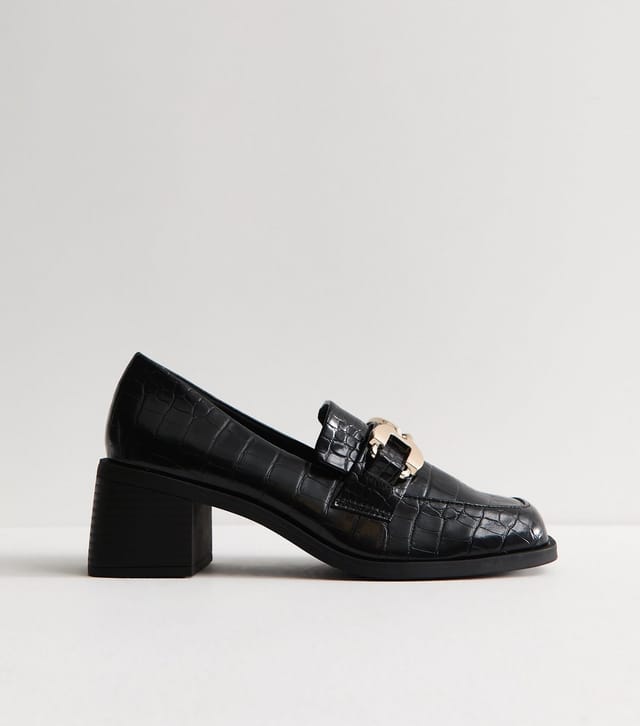 New Look Women's Black Faux Leather Crocodile Embossed Heeled Loafers Vegan New Look - 2