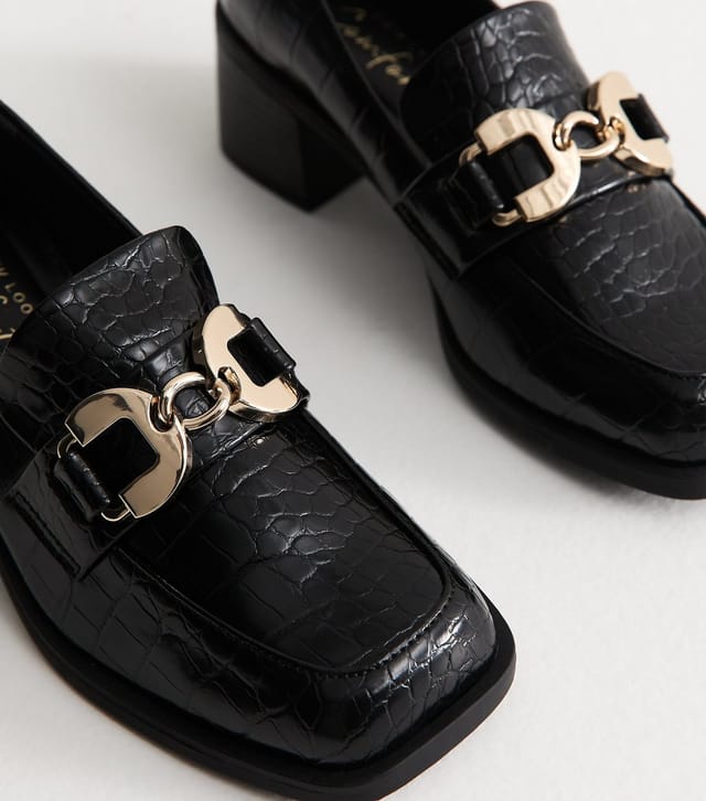 New Look Women's Black Faux Leather Crocodile Embossed Heeled Loafers Vegan New Look - 3