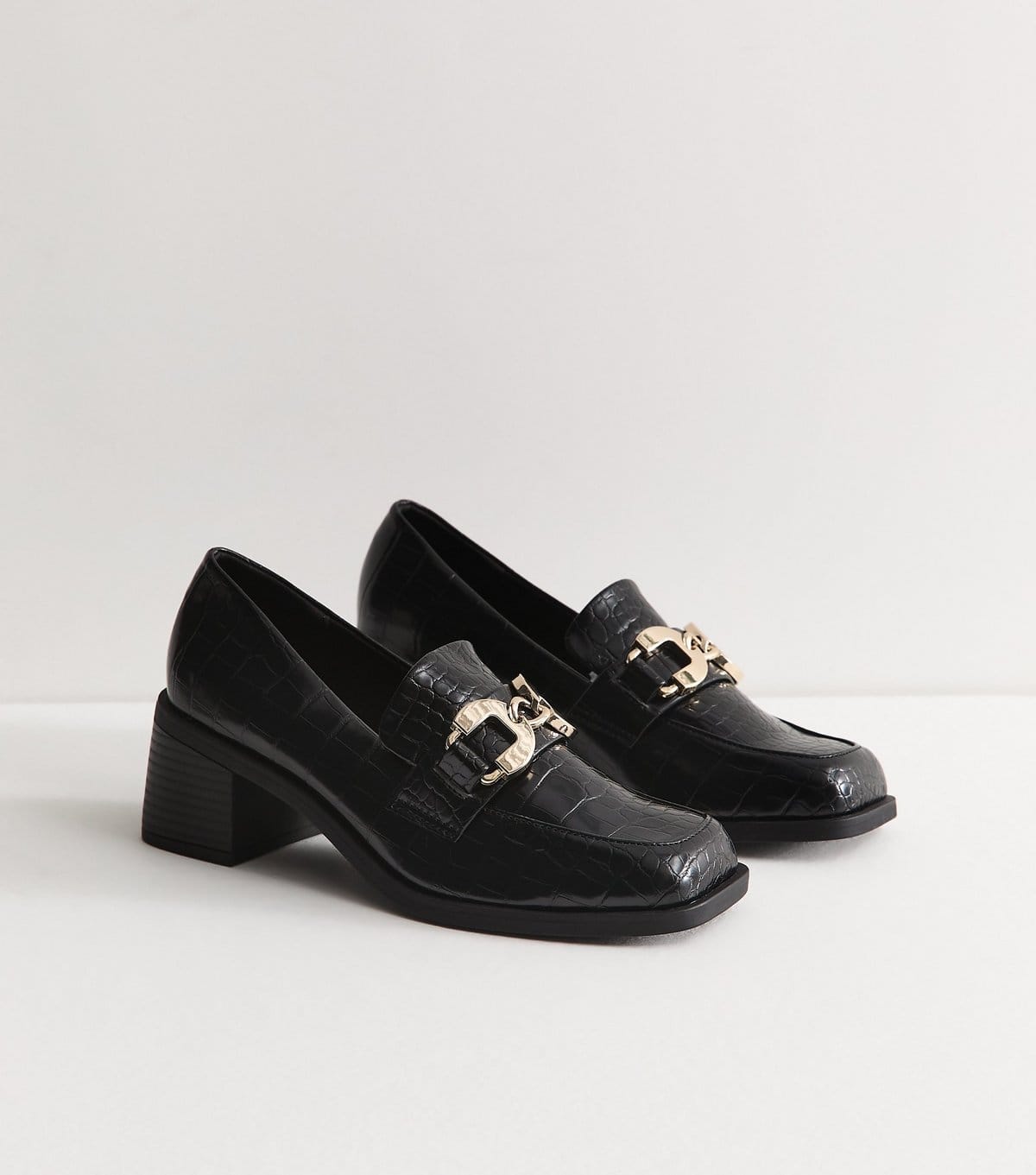 New Look Women's Black Faux Leather Crocodile Embossed Heeled Loafers Vegan New Look - 4