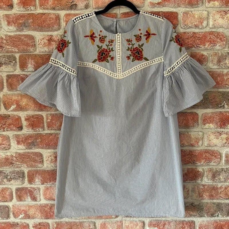 Excellent Blue Striped Floral Embroidered Cotton Dress