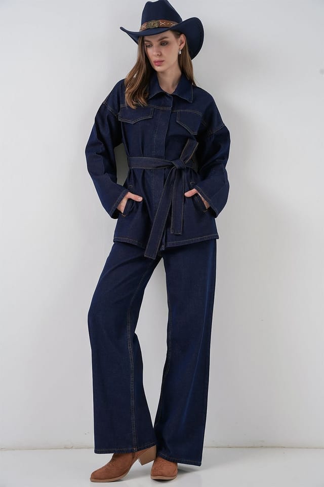 Big Dart Big Dart Women's Denim Set with Pocket Detailed Jacket & Straight Leg Pants in Navy - 3