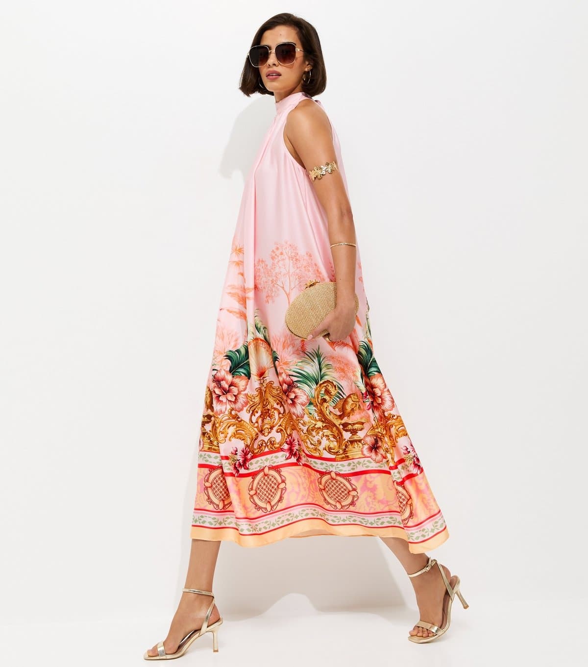 New Look Women's Pink Tropical Print Halter Neck Satin Midi Dress New Look