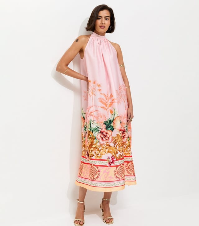 New Look Women's Pink Tropical Print Halter Neck Satin Midi Dress New Look - 2