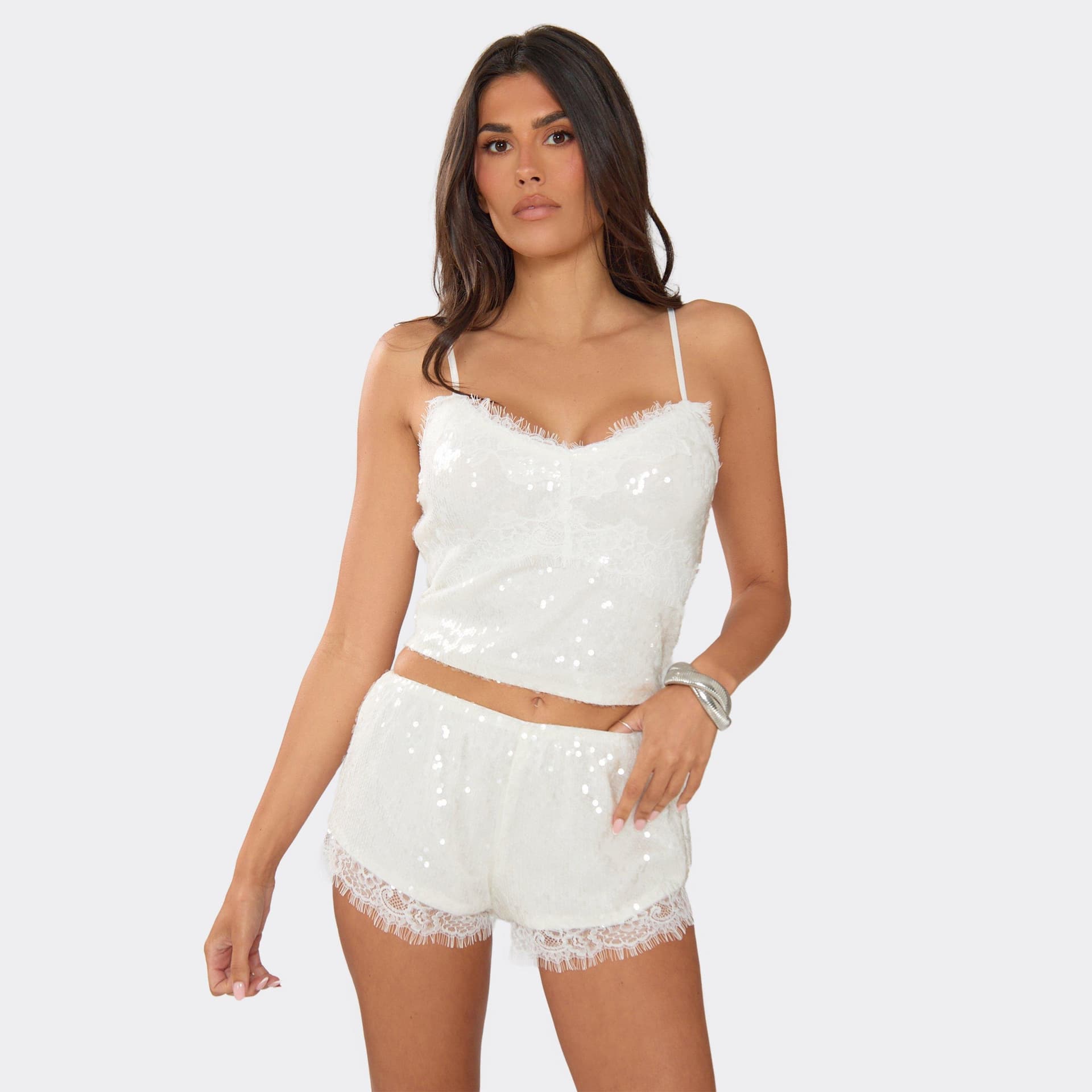 EGO Lace Trim Strappy Cami Top In White Sequin, Women's Size UK 6