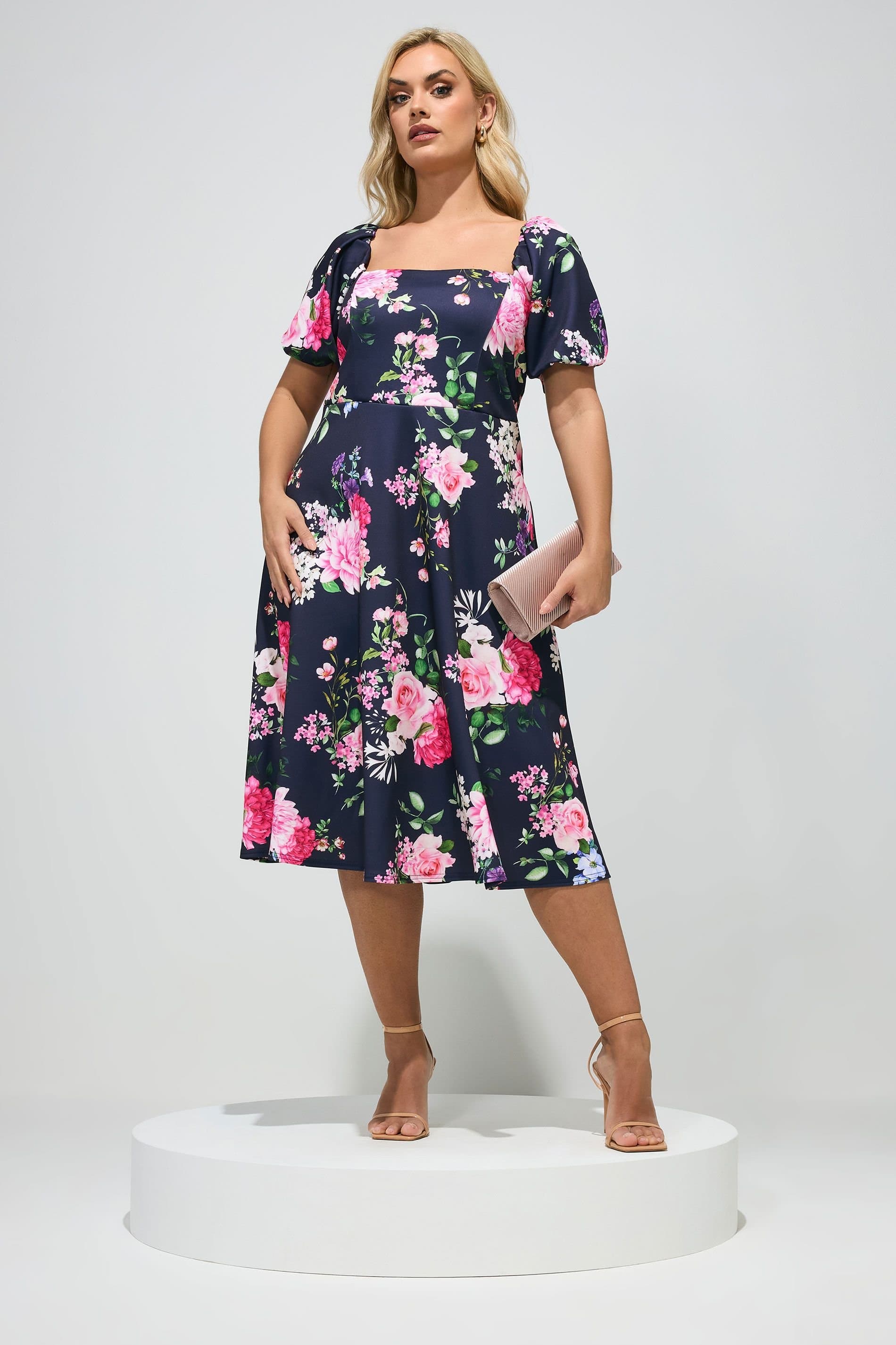 Yours Yours Women's Floral Square Neck Dress in Mid Navy