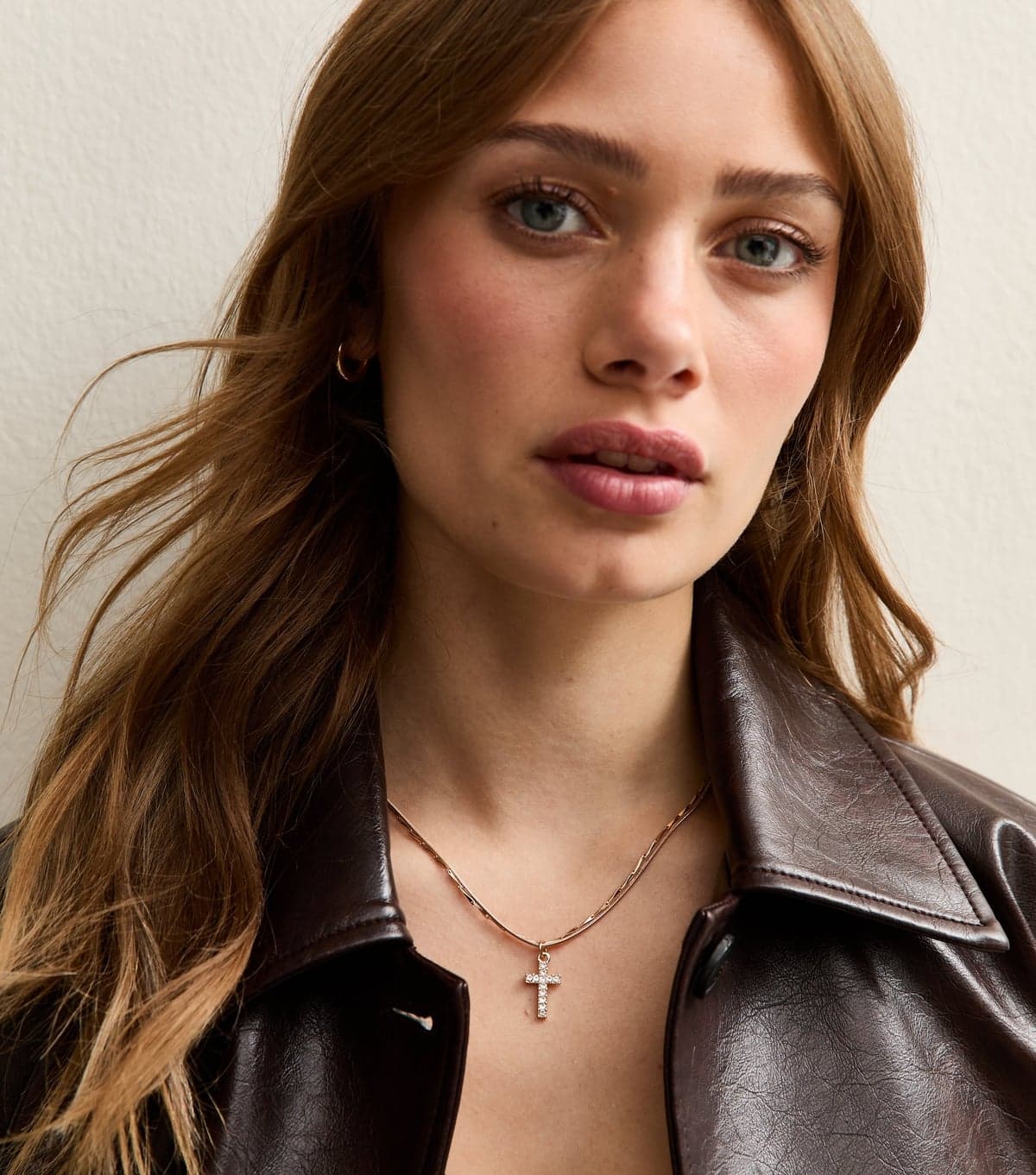 New Look Gold Tone 2-Layer Diamante Cross Pendant Necklace New Look