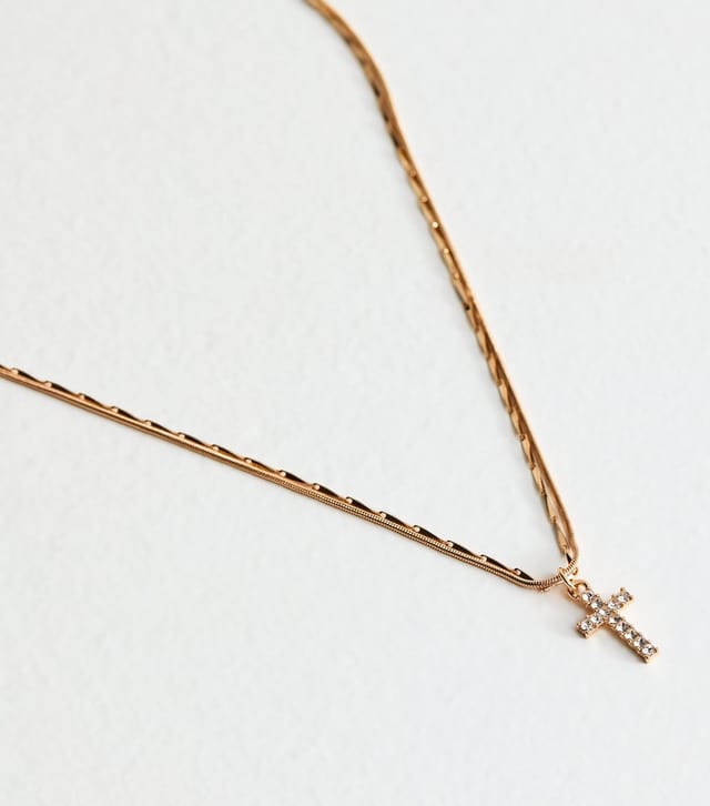 New Look Gold Tone 2-Layer Diamante Cross Pendant Necklace New Look - 3
