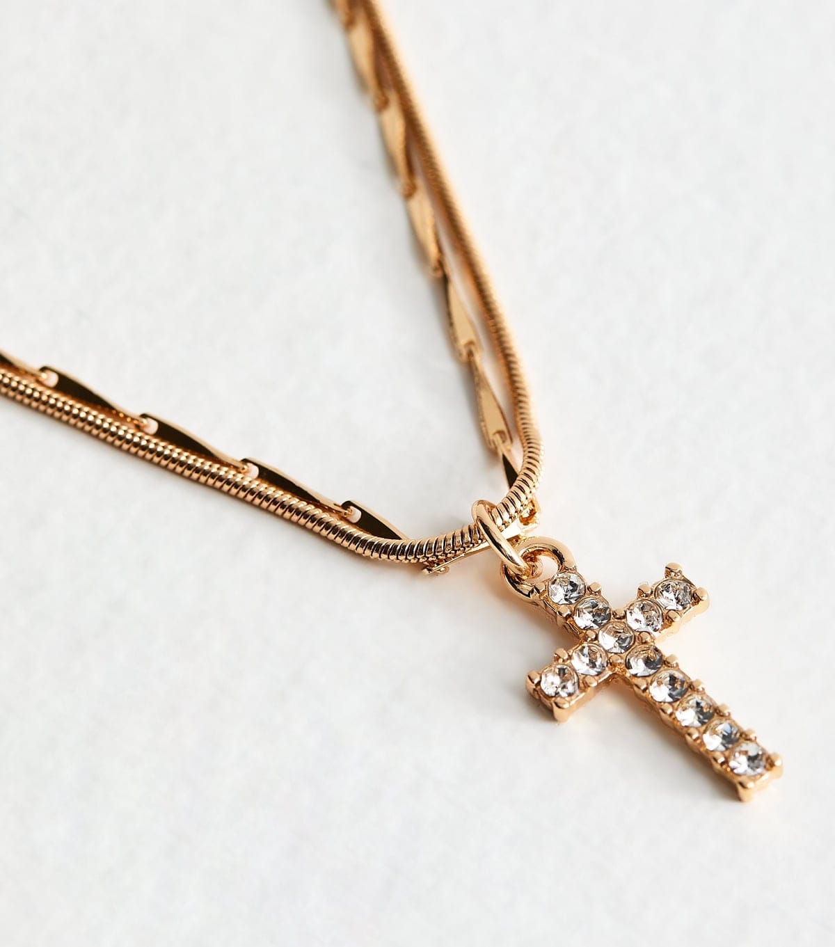 New Look Gold Tone 2-Layer Diamante Cross Pendant Necklace New Look - 4