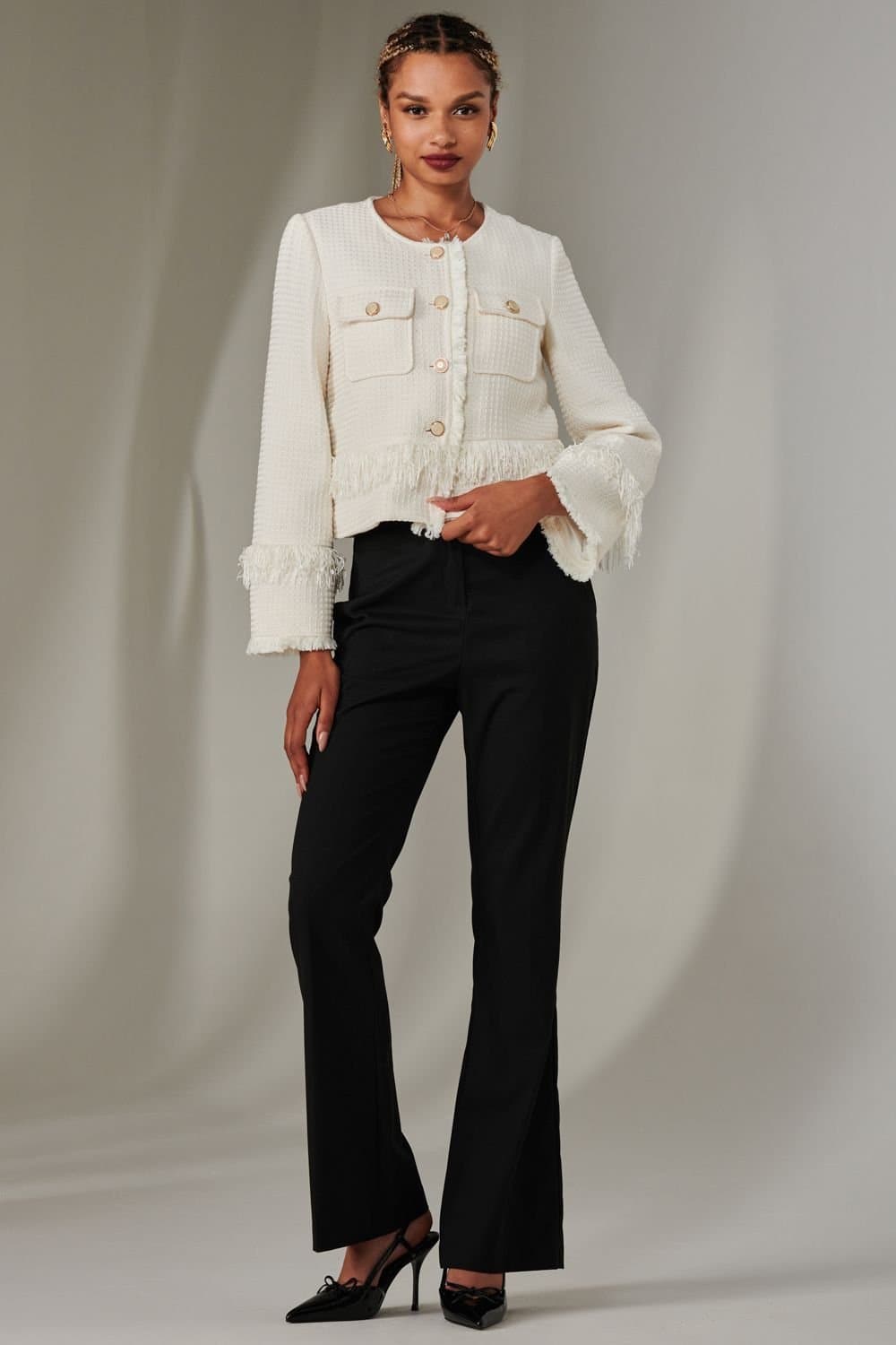 Jolie Moi Jolie Moi Women's Tweed Fringe Hem Jacket in Cream