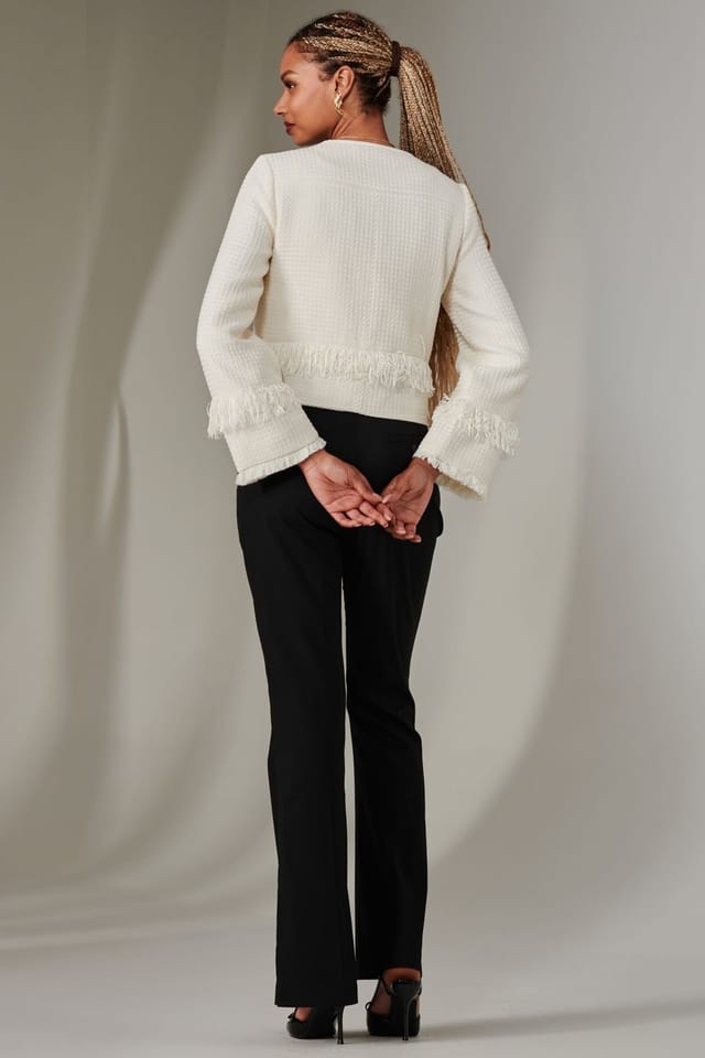 Jolie Moi Jolie Moi Women's Tweed Fringe Hem Jacket in Cream - 2