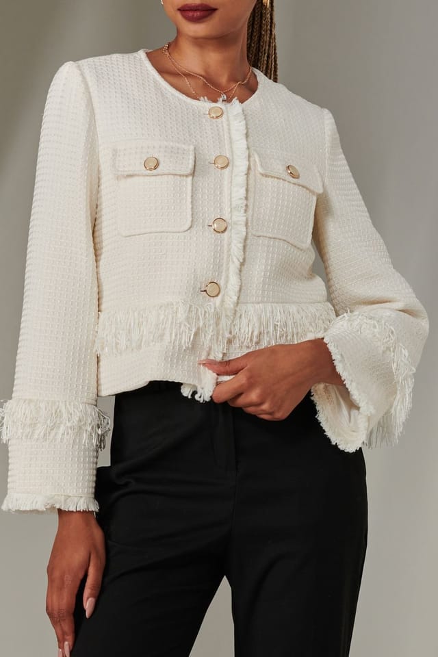 Jolie Moi Jolie Moi Women's Tweed Fringe Hem Jacket in Cream - 3