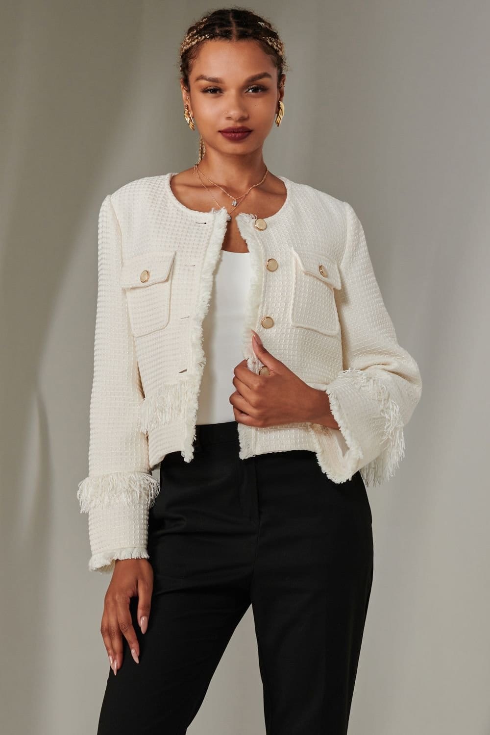 Jolie Moi Jolie Moi Women's Tweed Fringe Hem Jacket in Cream - 4