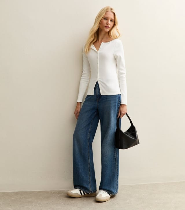 New Look Women's White Rib Button Up Long Sleeve Top New Look - 3