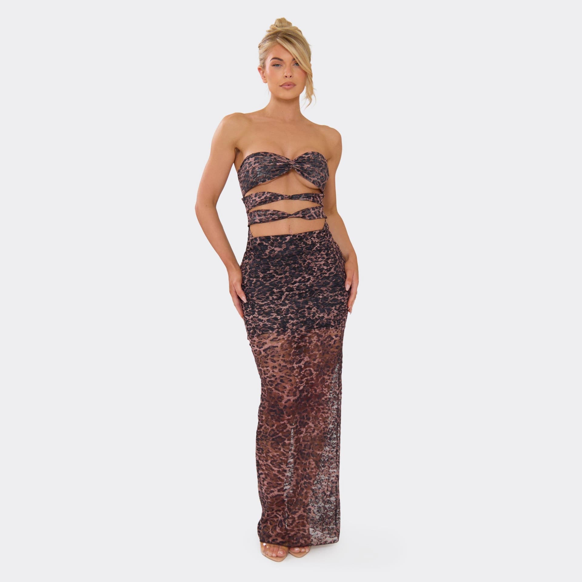 EGO Maxi Skirt In Brown Leopard Print Mesh, Women's Size UK 6