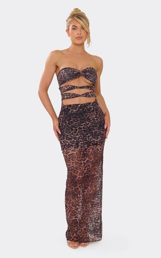 EGO Maxi Skirt In Brown Leopard Print Mesh, Women's Size UK 6 - 2