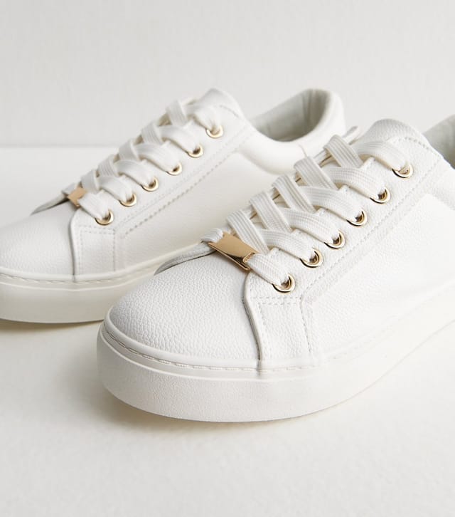 New Look Women's Wide Fit White Faux Leather Lace Up Trainers Vegan New Look - 3