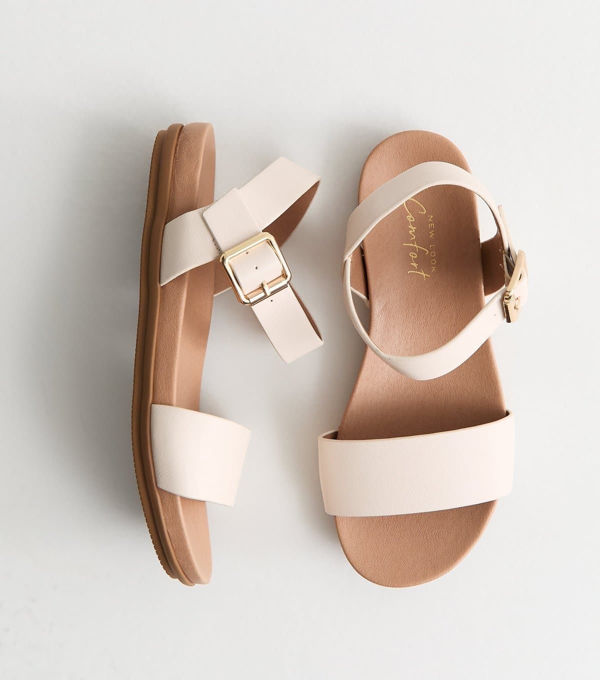 New Look Women's Wide Fit Off White Faux Leather Flat Sandals Vegan New Look