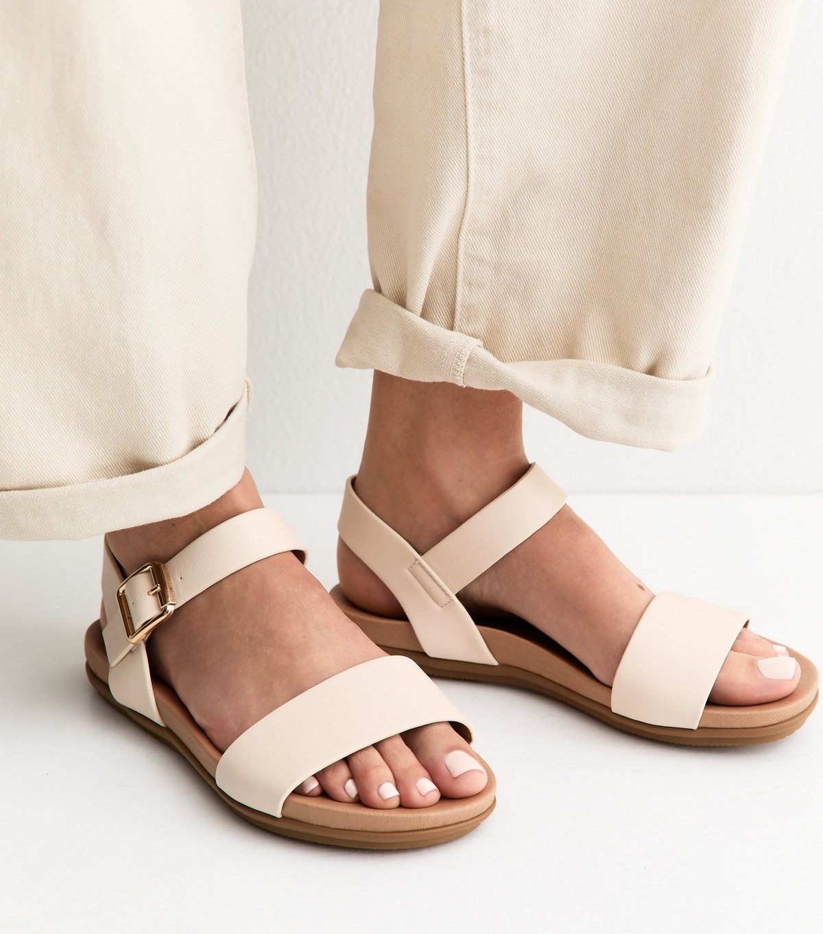 New Look Women's Wide Fit Off White Faux Leather Flat Sandals Vegan New Look - 2
