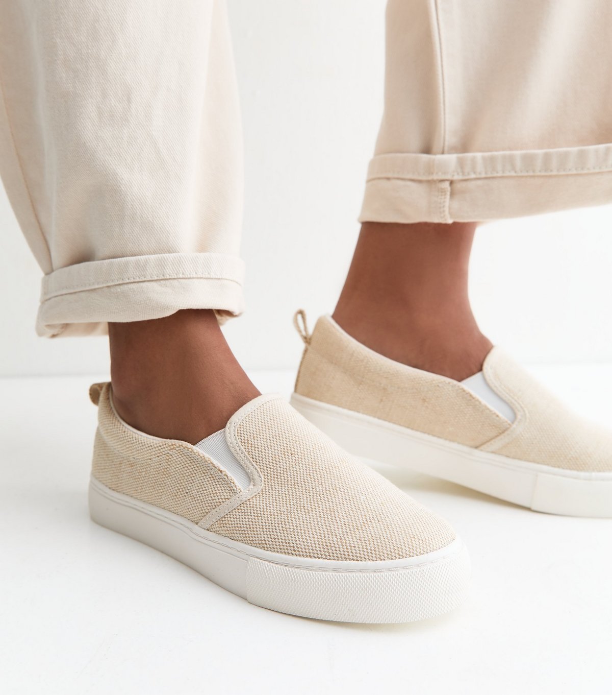 New Look Women's Off White Linen Look Canvas Slip On Trainers Vegan New Look - 2