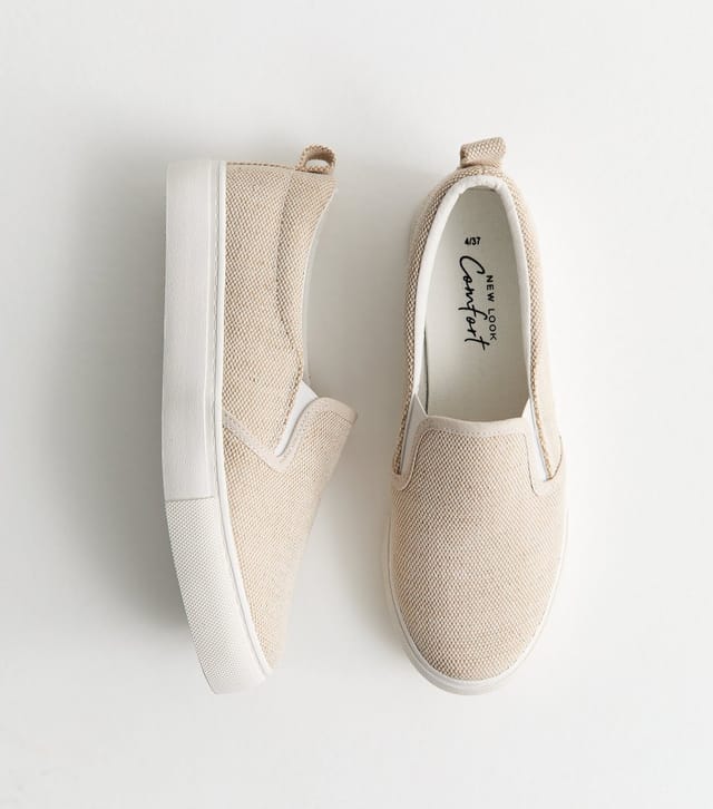 New Look Women's Off White Linen Look Canvas Slip On Trainers Vegan New Look - 3