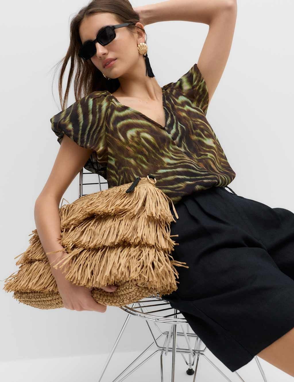 Marks & Spencer M&S Printed Puff Sleeve Volume Top Dark Green Mix