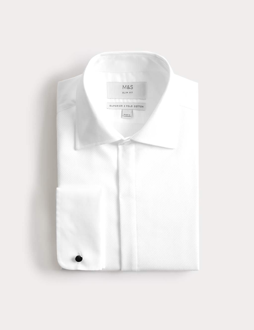 Marks & Spencer M&S Slim Fit Luxury 2 Inch Shorter Pure Cotton Bib Dress Shirt White - 1