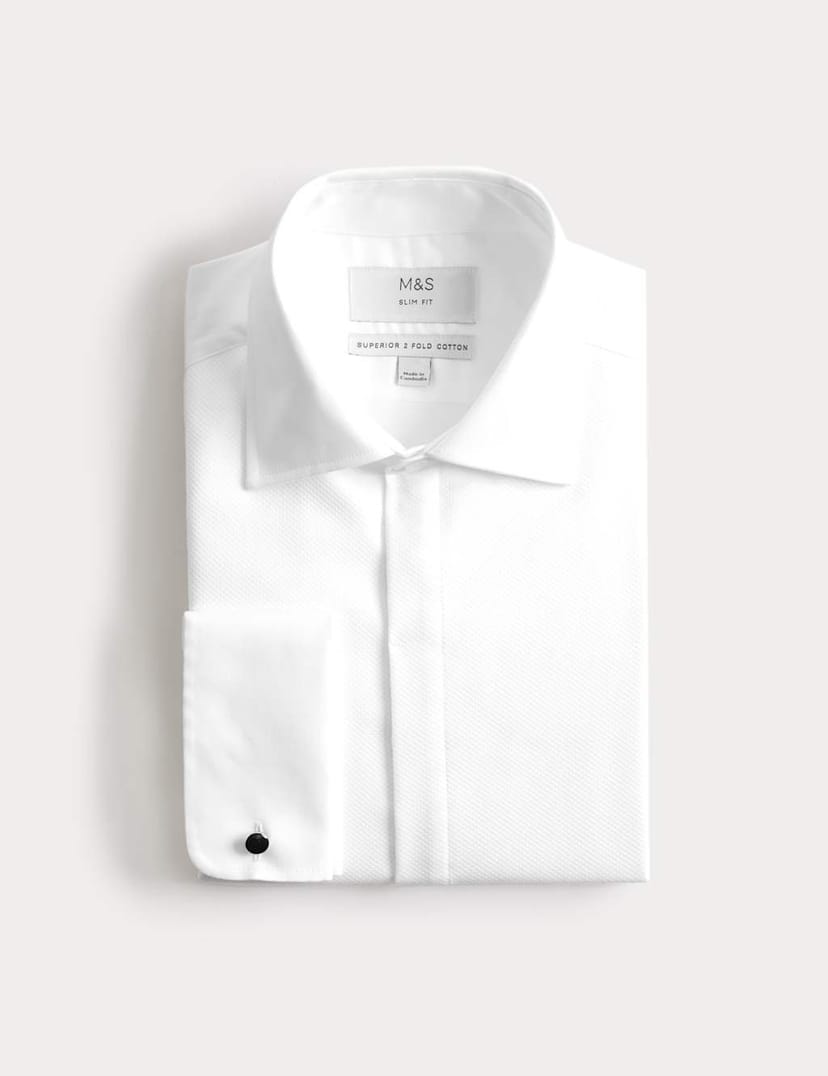 Marks & Spencer M&S Slim Fit Luxury 2 Inch Shorter Pure Cotton Bib Dress Shirt White - 1