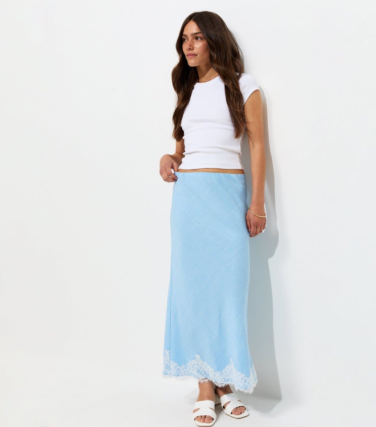 New Look Women's Petite Light Blue Woven Lace Trim Midi Skirt New Look
