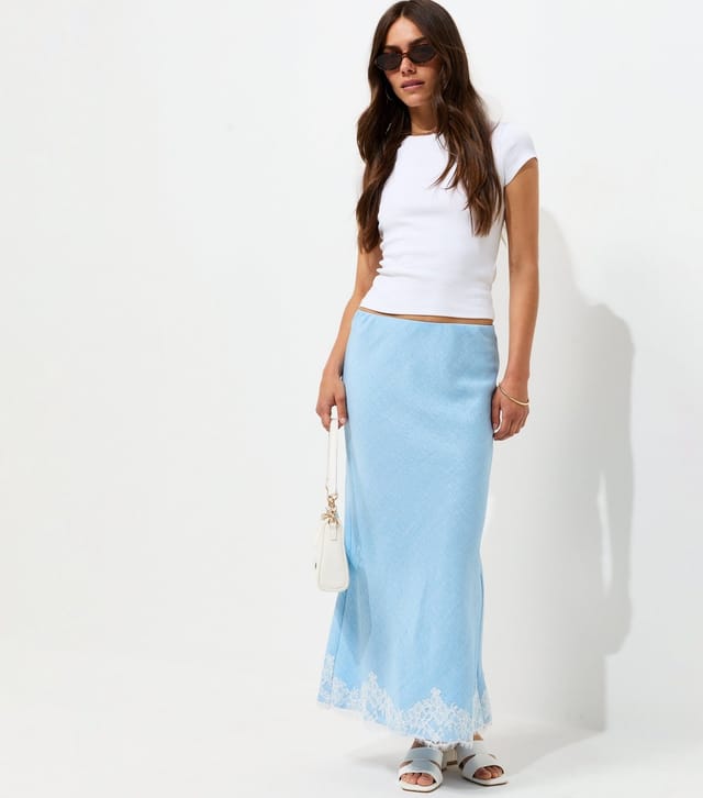 New Look Women's Petite Light Blue Woven Lace Trim Midi Skirt New Look - 3