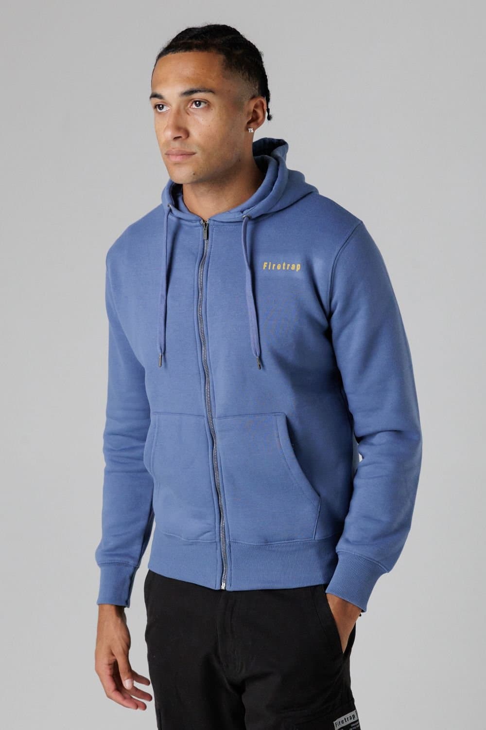Firetrap Firetrap Men's Regular Fit Cotton Rich Zip Through Hoody with Drawstring in Mid Blue
