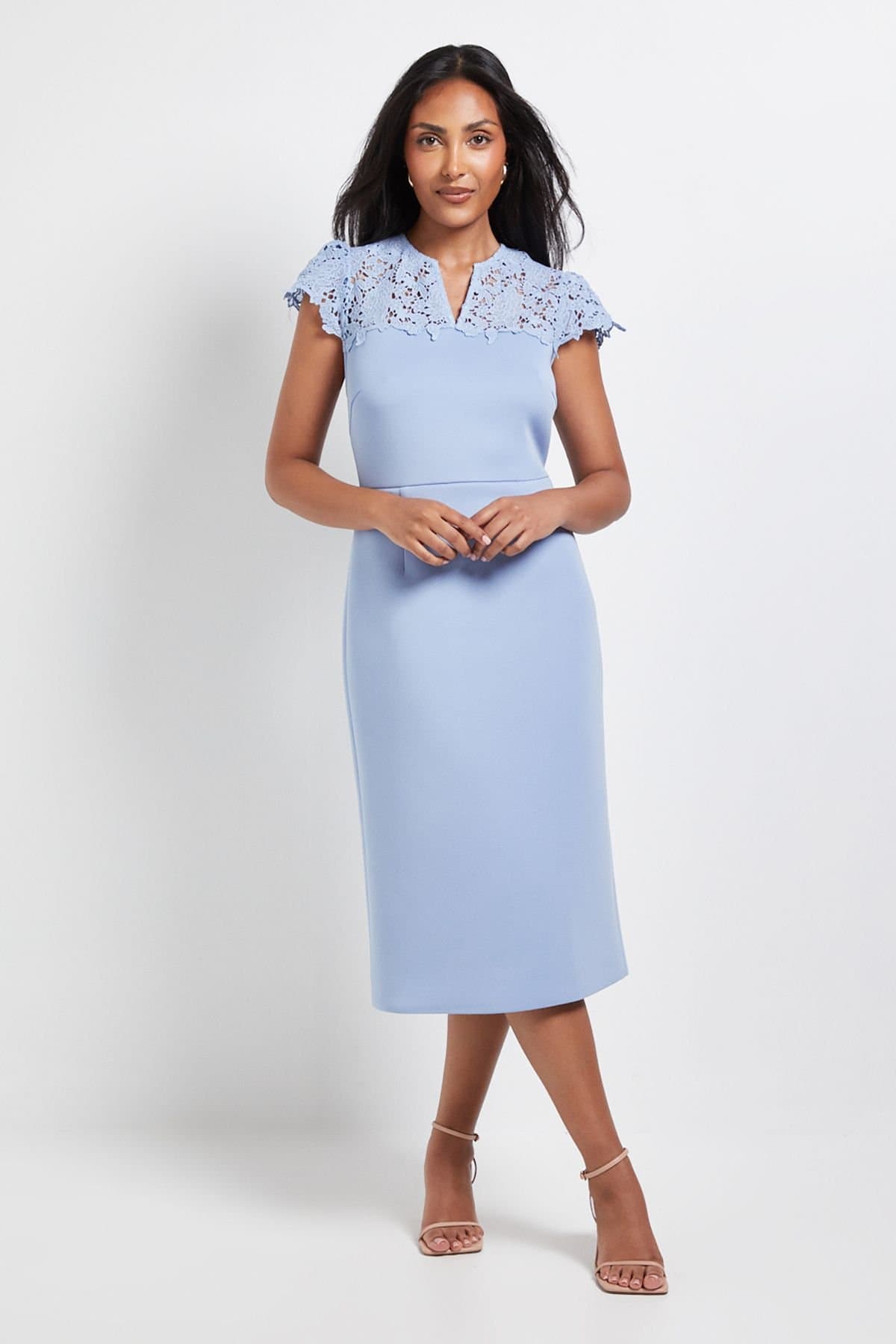 Wallis Wallis Women's Petite Scuba Lace Sleeve Pencil Dress in Blue