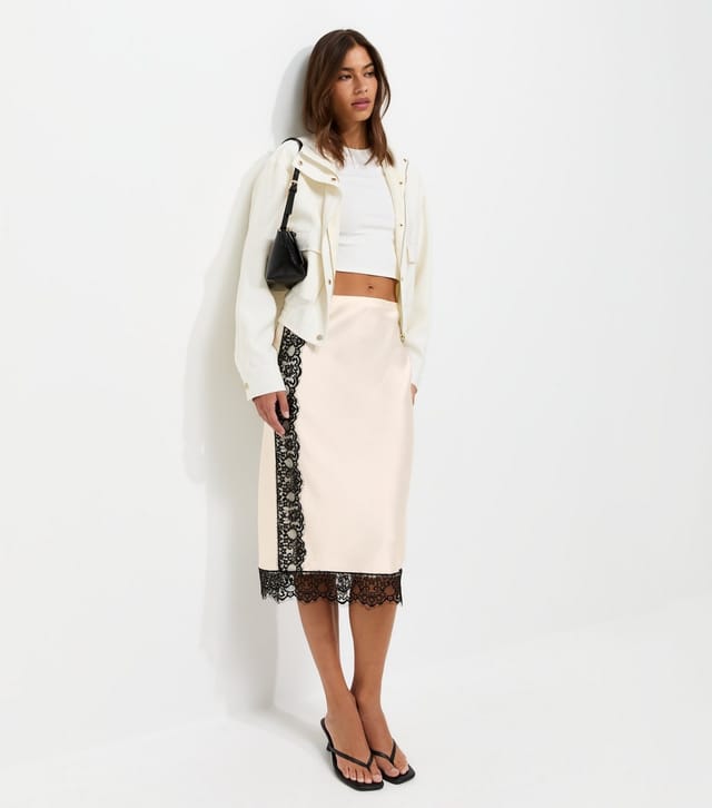 New Look Women's Cream Satin Lace Trim Midi Skirt New Look - 3