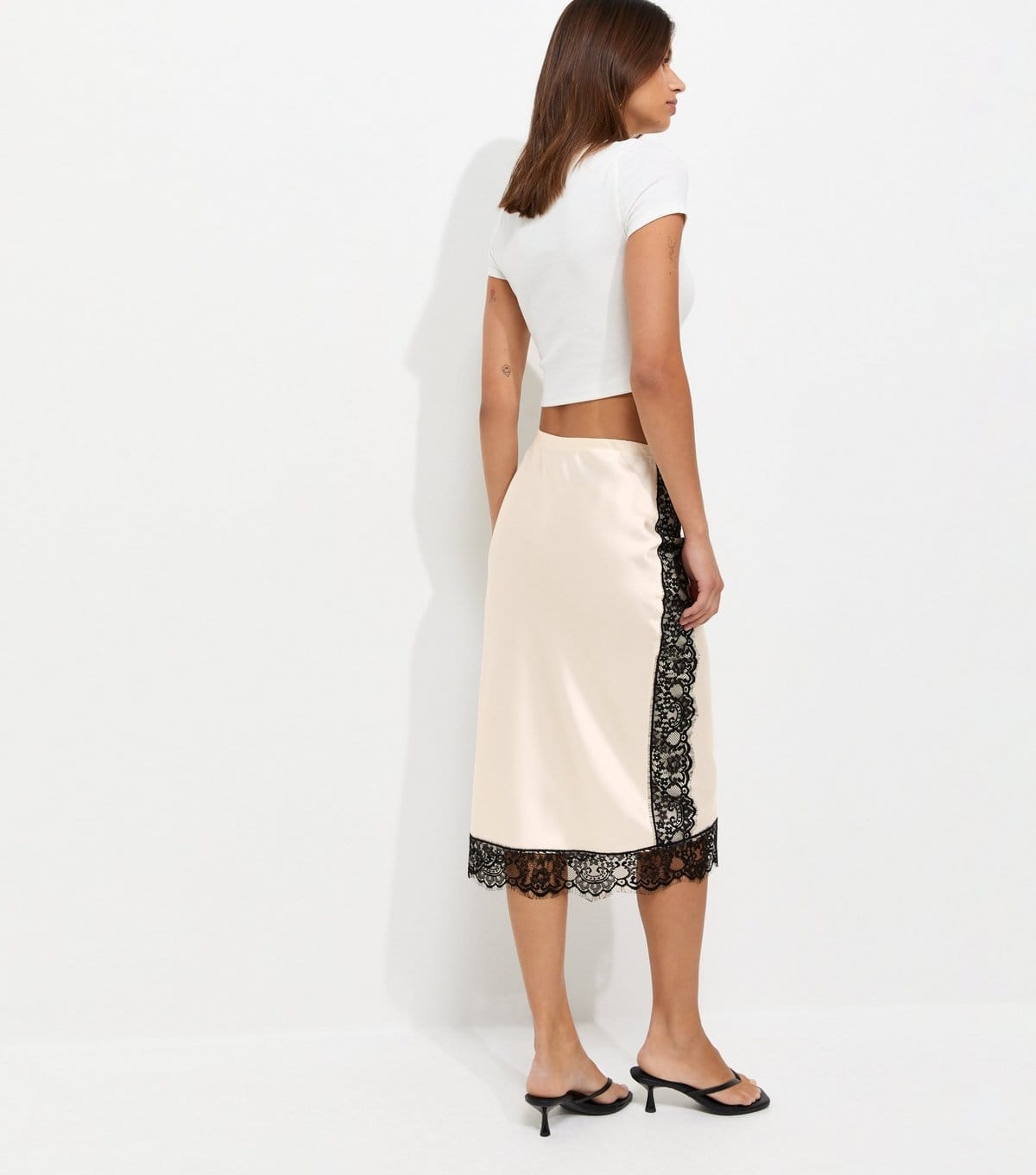 New Look Women's Cream Satin Lace Trim Midi Skirt New Look - 4