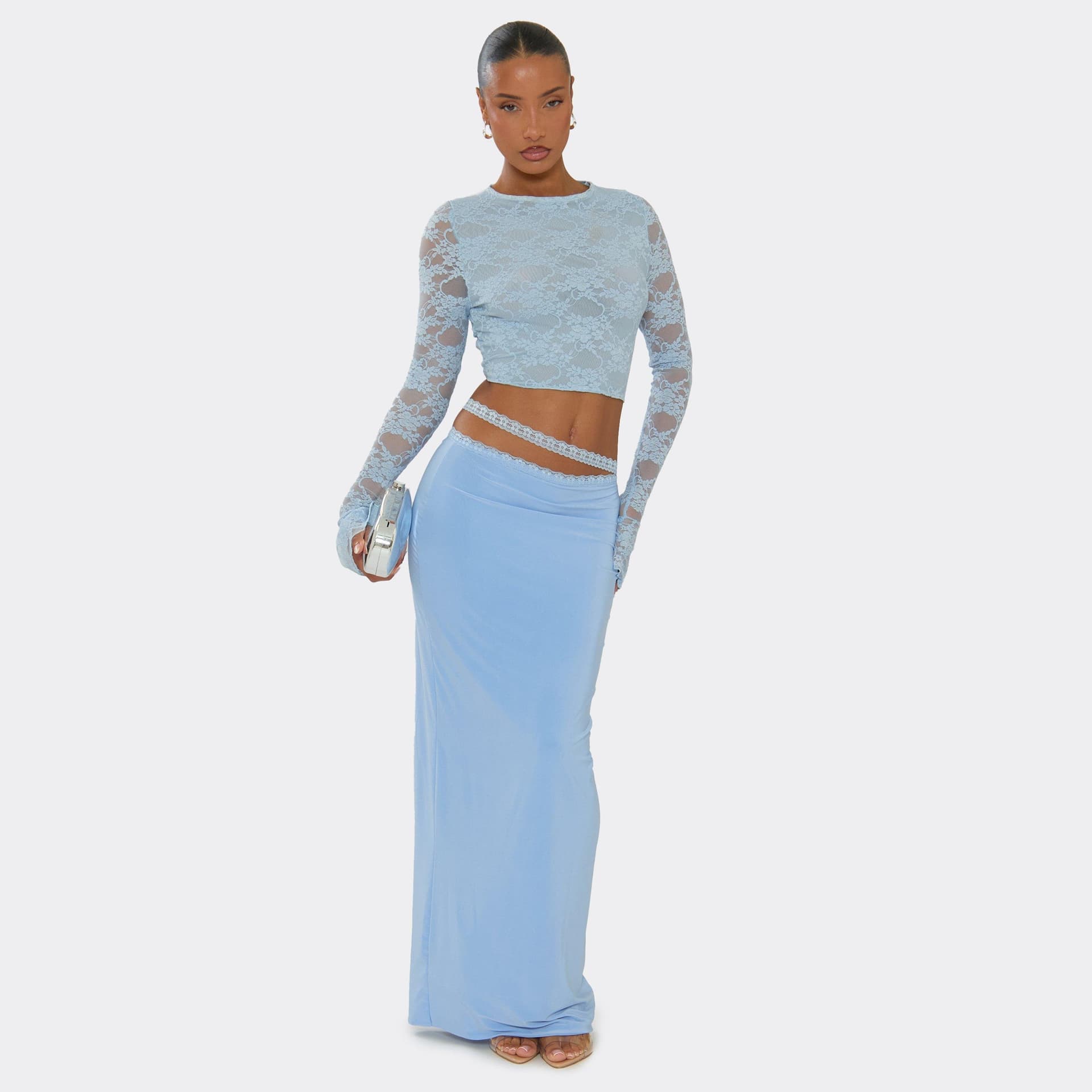 EGO Mid Waist Wrap Detail Maxi Skirt In Blue Lace, Women's Size UK 6